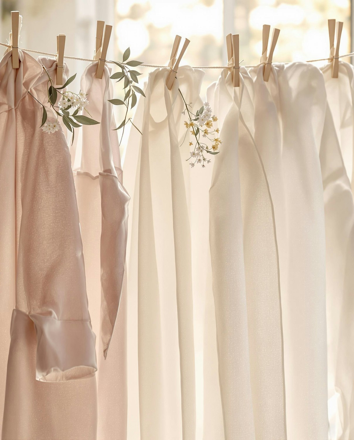 Pale dyed cloths pegged along a line in sunlight, with flowers and greenery behind them.