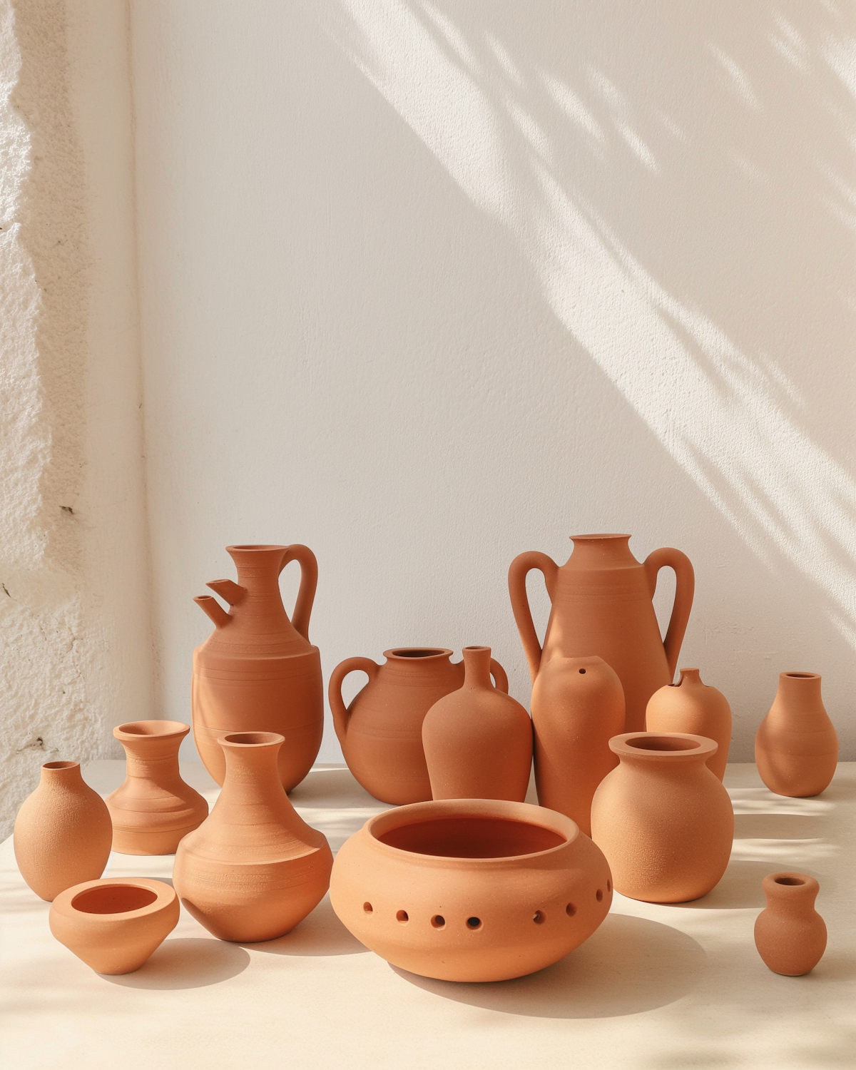 Terracotta pots grouped in warm sunlight against a textured white wall, casting soft shadows.