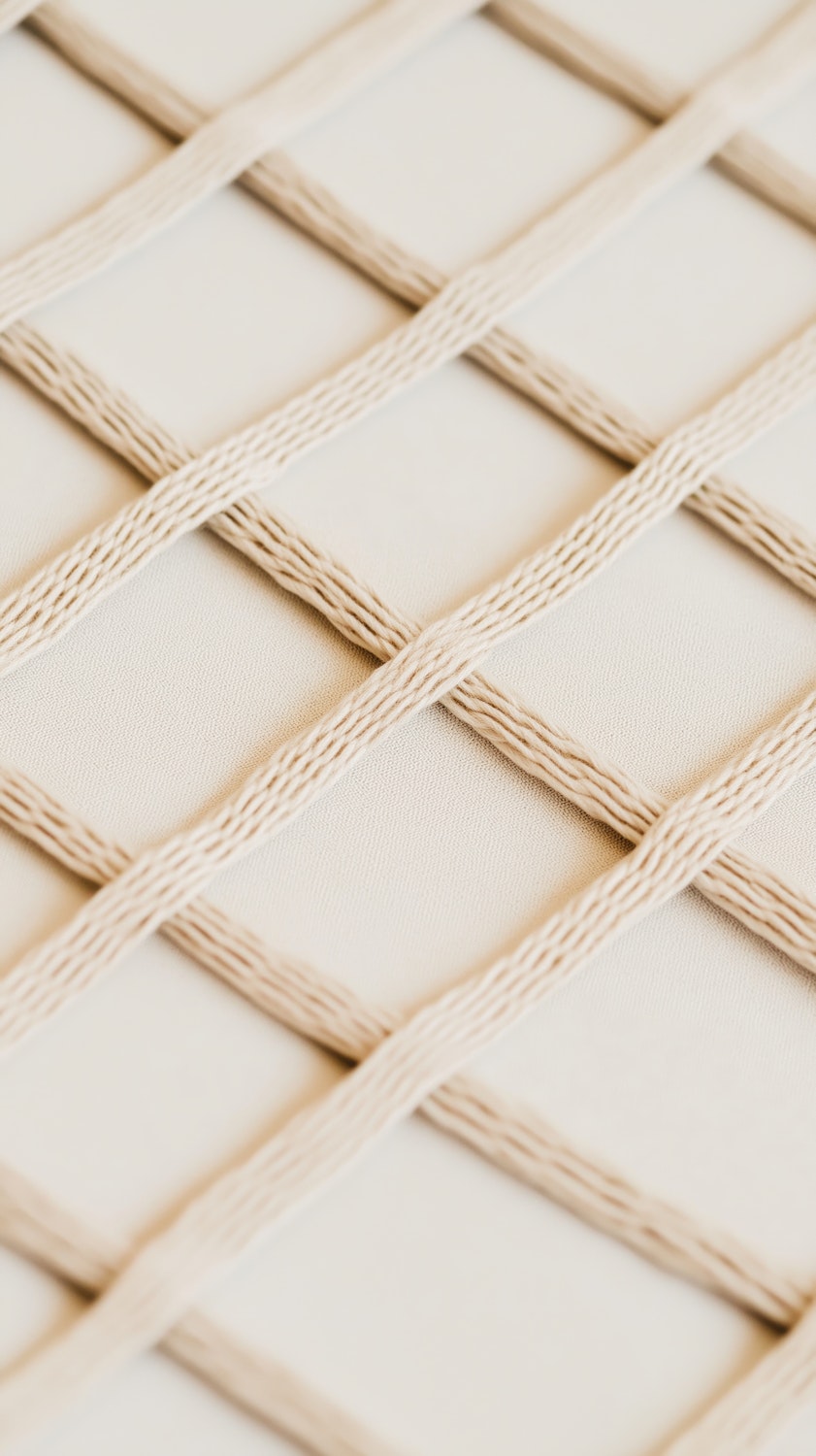 A woven rope pattern in pale beige, close up, forming a regular interlocking grid.